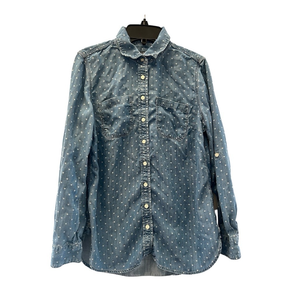 Talbots Petite Small Chambray Heart Print Button Down Shirt SP